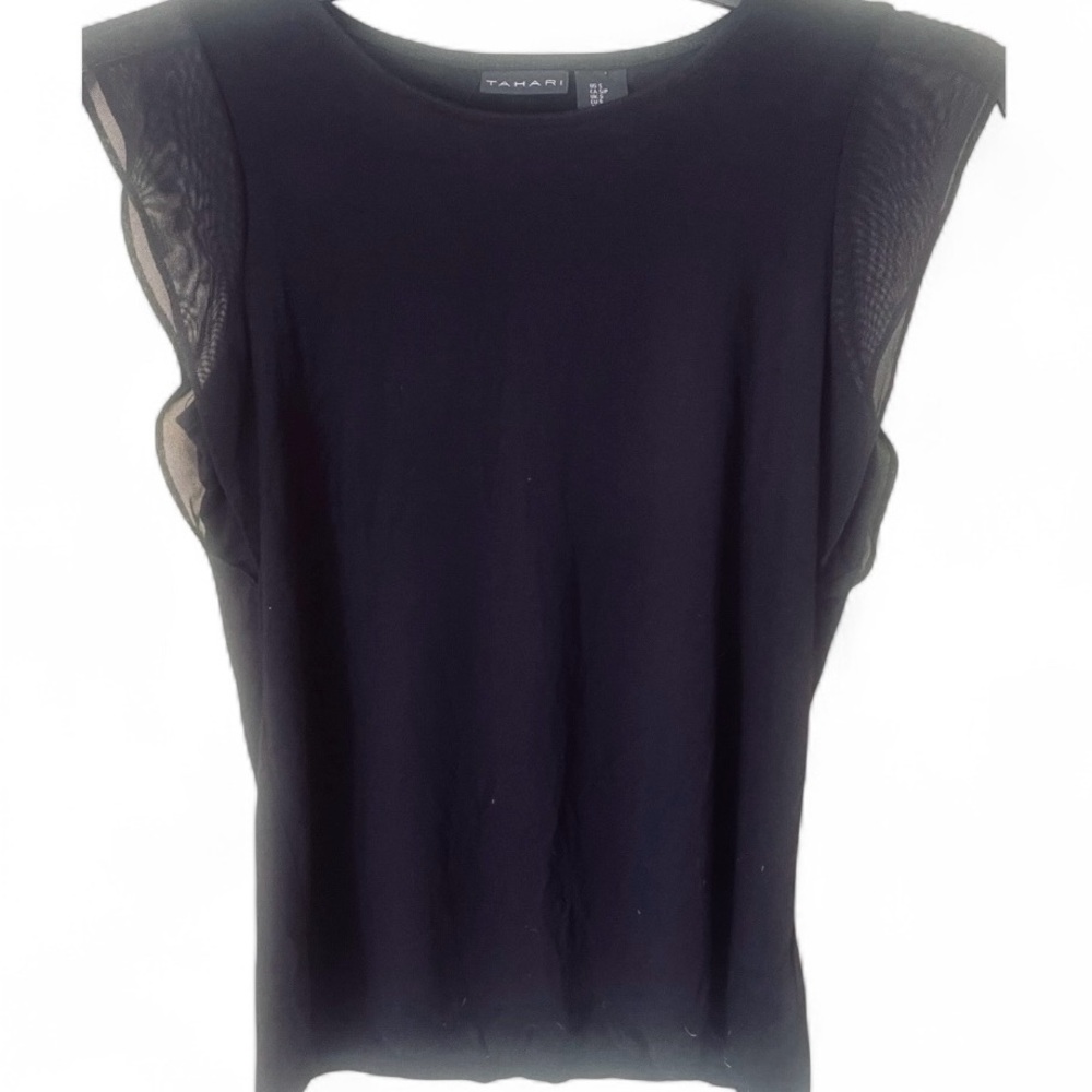 Tahari Womens Size S Black Dressy Top Sleeveless Sheer Mesh Ruffle Trim Stretch